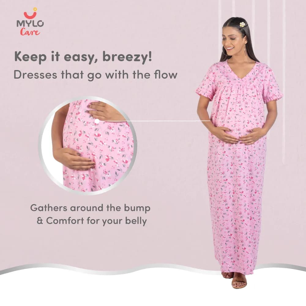 Maternity Dresses For Women with Both Side Zipper For Easy Feeding | Adjustable Belt for Growing Belly | Maxi Nighty Dress | Pink Peony | L
