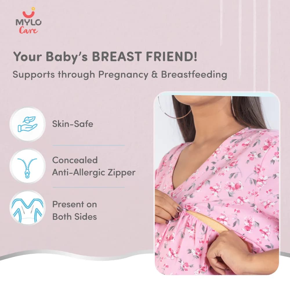 Maternity Dresses For Women with Both Side Zipper For Easy Feeding | Adjustable Belt for Growing Belly | Maxi Nighty Dress | Pink Peony | L