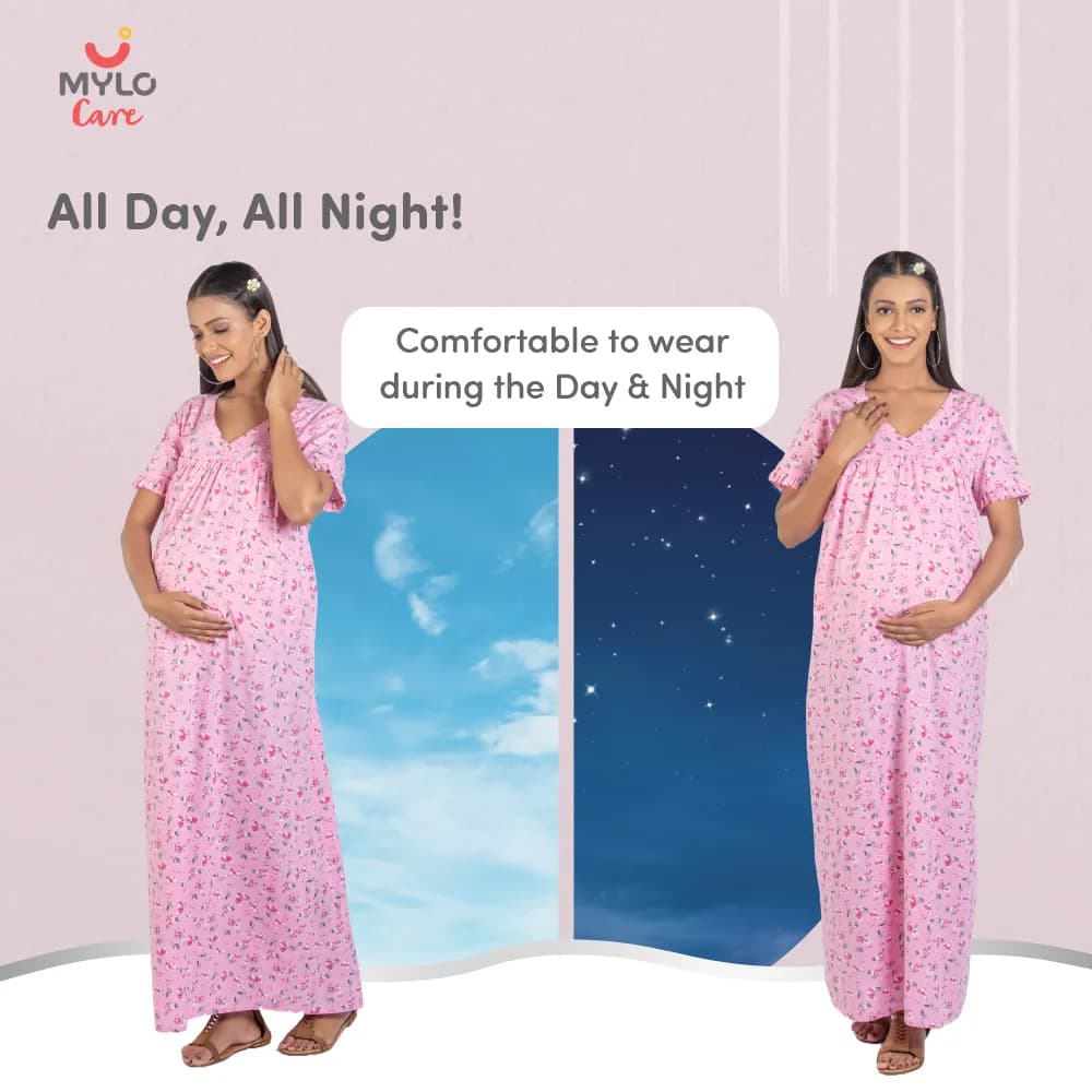 Maternity Dresses For Women with Both Side Zipper For Easy Feeding | Adjustable Belt for Growing Belly | Maxi Nighty Dress | Pink Peony | L