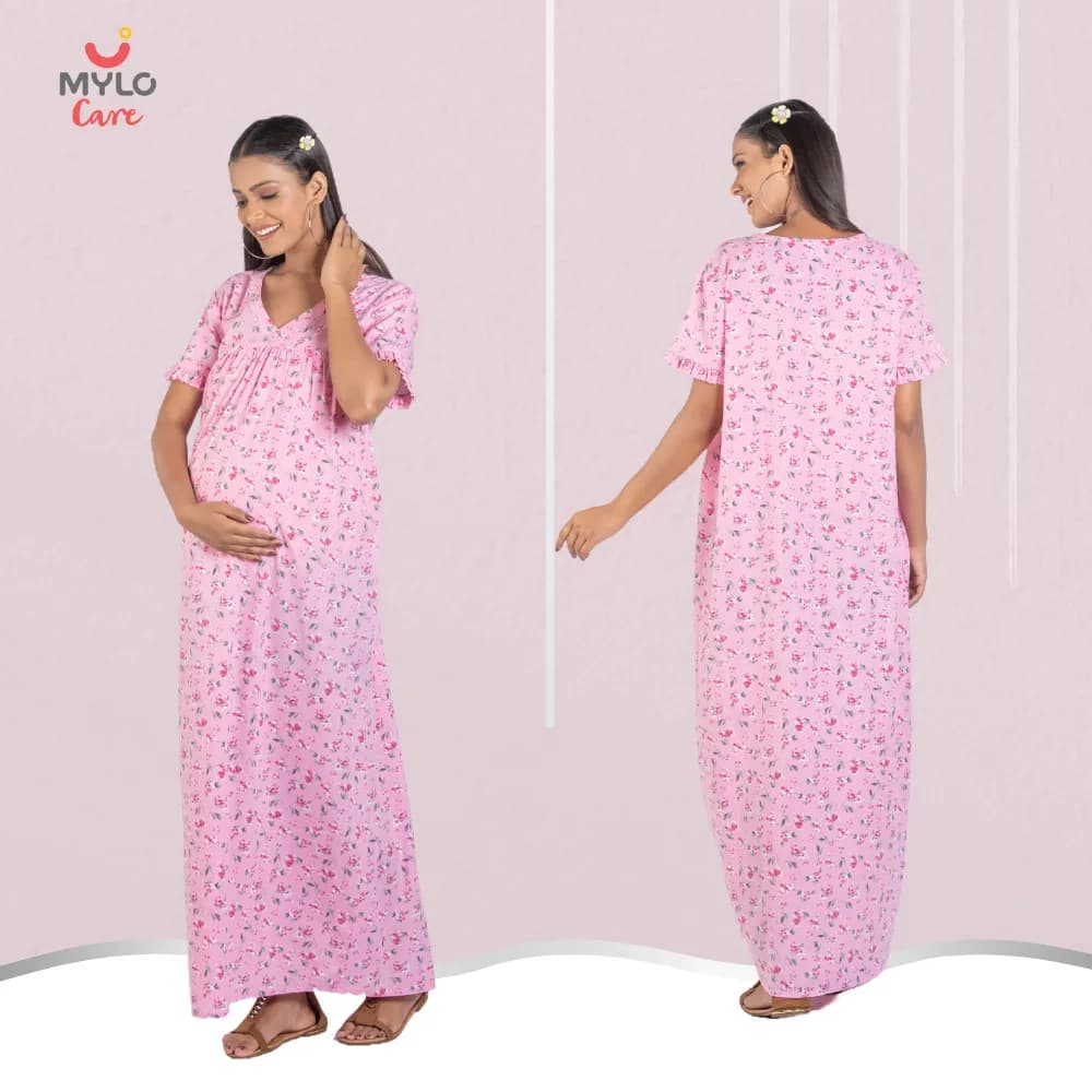 Maternity Dresses For Women with Both Side Zipper For Easy Feeding | Adjustable Belt for Growing Belly | Maxi Nighty Dress | Pink Peony | L