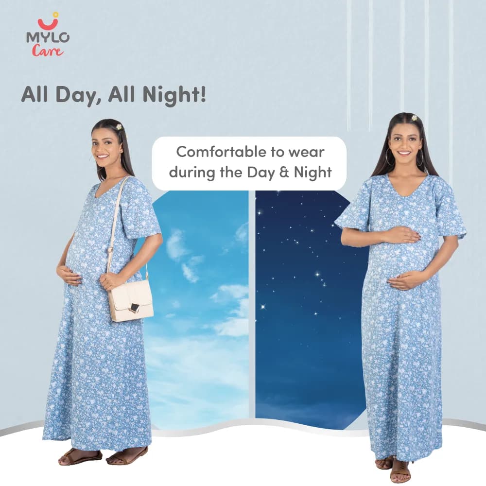 Maternity Dresses For Women with Both Side Zipper For Easy Feeding | Adjustable Belt for Growing Belly | Maxi Nighty Dress | Blue Peony | L