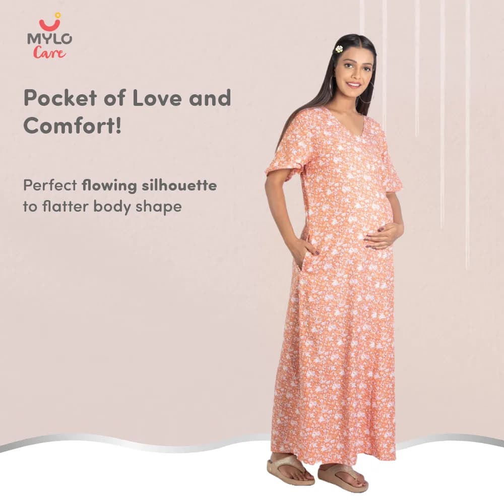 Maternity Dresses For Women with Both Side Zipper For Easy Feeding | Adjustable Belt for Growing Belly | Maxi Nighty Dress | Orange Rose | L