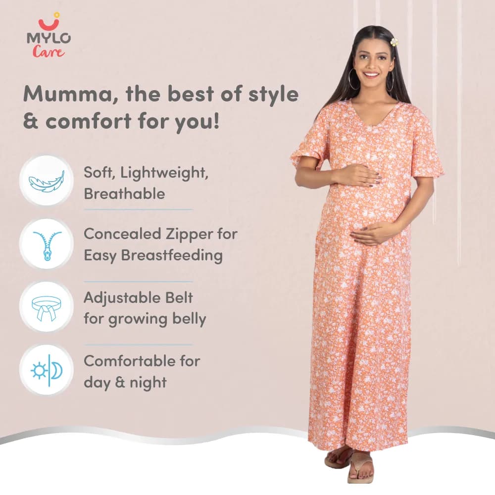 Maternity Dresses For Women with Both Side Zipper For Easy Feeding | Adjustable Belt for Growing Belly | Maxi Nighty Dress | Orange Rose | L