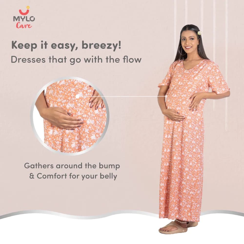 Maternity Dresses For Women with Both Side Zipper For Easy Feeding | Adjustable Belt for Growing Belly | Maxi Nighty Dress | Orange Rose | L