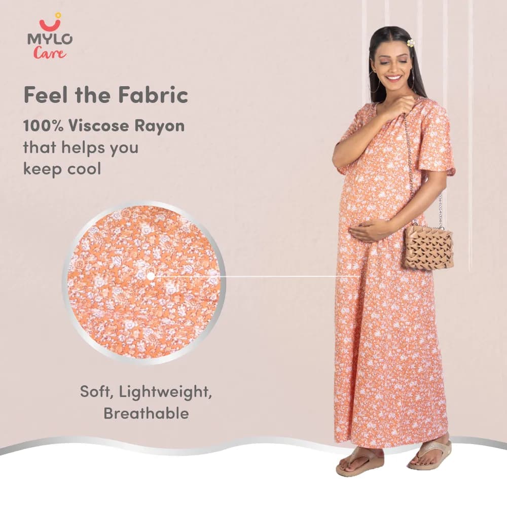 Maternity Dresses For Women with Both Side Zipper For Easy Feeding | Adjustable Belt for Growing Belly | Maxi Nighty Dress | Orange Rose | L