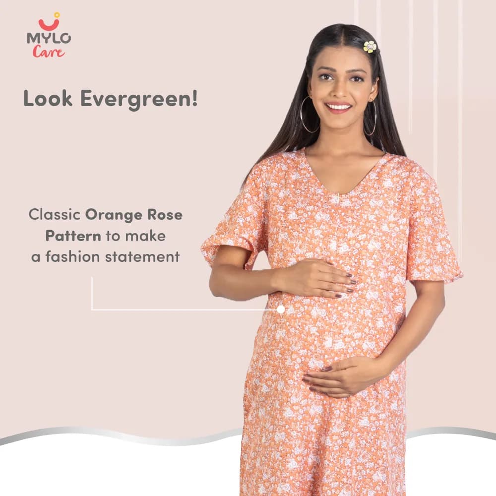 Maternity Dresses For Women with Both Side Zipper For Easy Feeding | Adjustable Belt for Growing Belly | Maxi Nighty Dress | Orange Rose | L