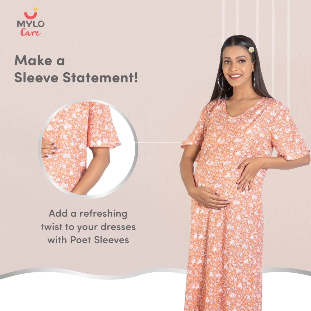 Maternity Dresses For Women with Both Side Zipper For Easy Feeding | Adjustable Belt for Growing Belly | Maxi Nighty Dress | Orange Rose | L