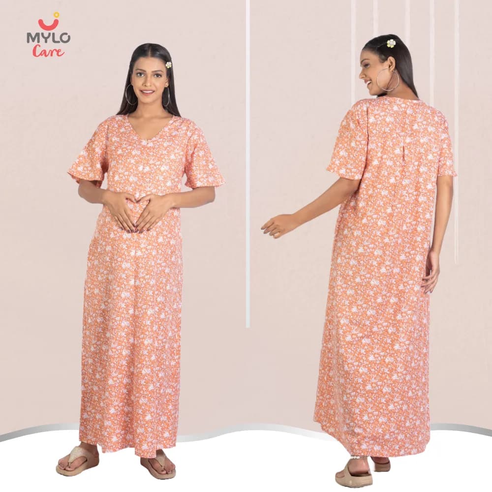 Maternity Dresses For Women with Both Side Zipper For Easy Feeding | Adjustable Belt for Growing Belly | Maxi Nighty Dress | Orange Rose | L