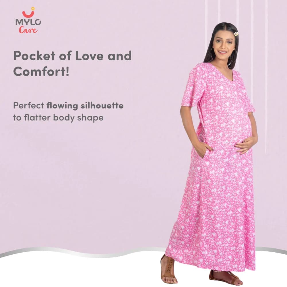 Maternity Dresses For Women with Both Side Zipper For Easy Feeding | Adjustable Belt for Growing Belly | Maxi Nighty Dress | Pink Rose | L