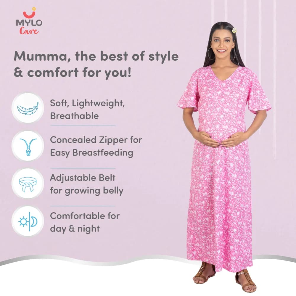 Maternity Dresses For Women with Both Side Zipper For Easy Feeding | Adjustable Belt for Growing Belly | Maxi Nighty Dress | Pink Rose | L