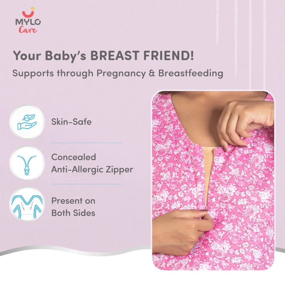 Maternity Dresses For Women with Both Side Zipper For Easy Feeding | Adjustable Belt for Growing Belly | Maxi Nighty Dress | Pink Rose | L