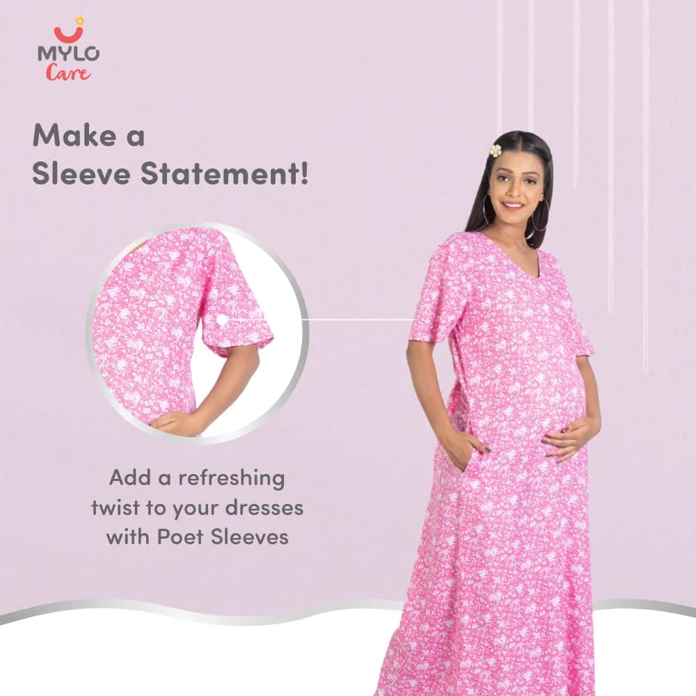Maternity Dresses For Women with Both Side Zipper For Easy Feeding | Adjustable Belt for Growing Belly | Maxi Nighty Dress | Pink Rose | L