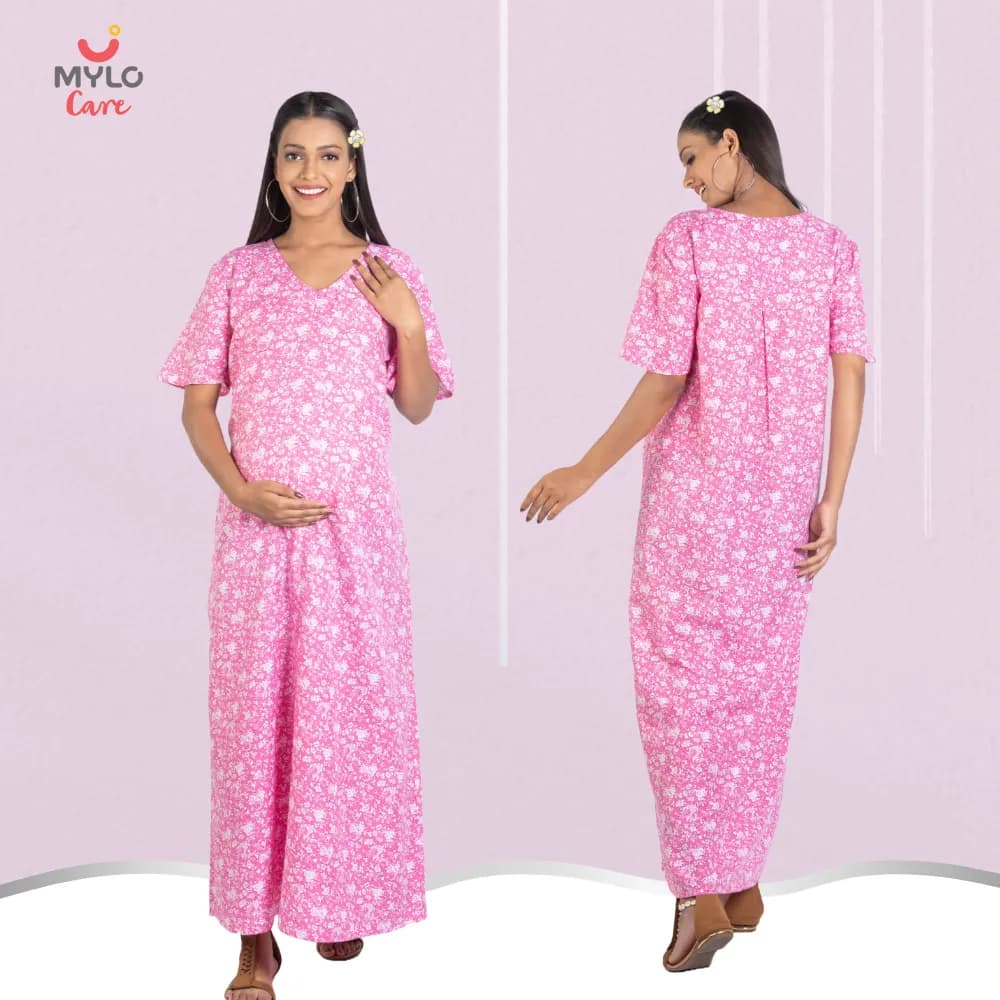 Maternity Dresses For Women with Both Side Zipper For Easy Feeding | Adjustable Belt for Growing Belly | Maxi Nighty Dress | Pink Rose | L