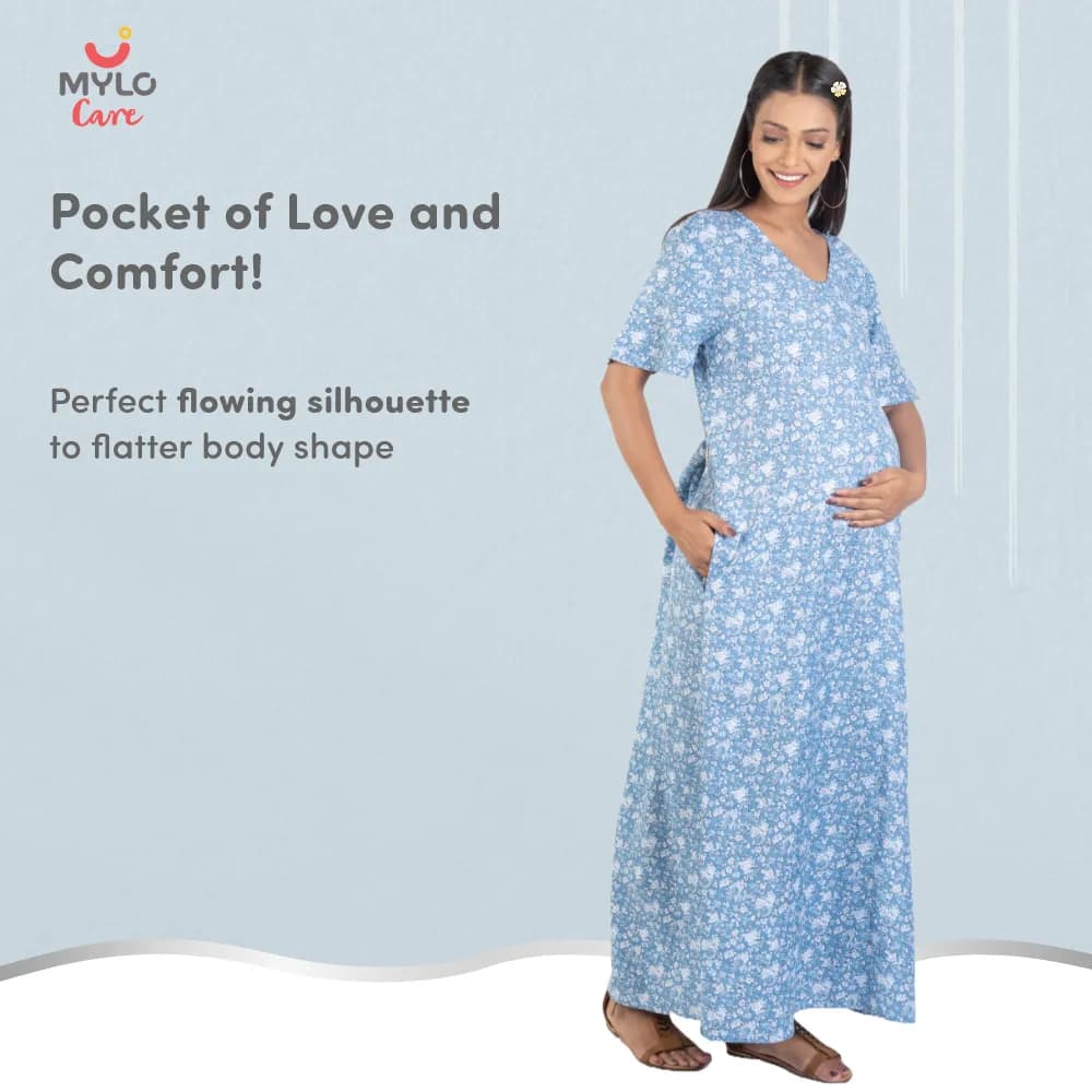 Maternity Dresses For Women with Both Side Zipper For Easy Feeding | Adjustable Belt for Growing Belly | Maxi Nighty Dress | Blue Rose | L