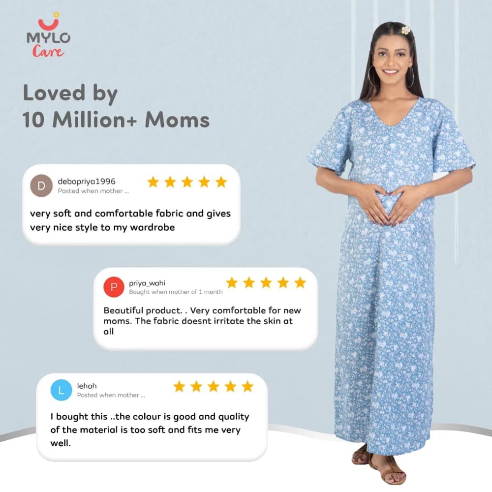 Maternity Dresses For Women with Both Side Zipper For Easy Feeding | Adjustable Belt for Growing Belly | Maxi Nighty Dress | Blue Rose | L