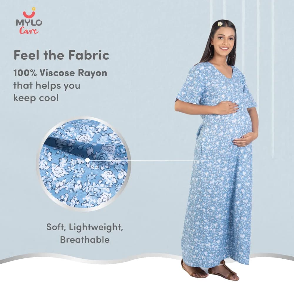 Maternity Dresses For Women with Both Side Zipper For Easy Feeding | Adjustable Belt for Growing Belly | Maxi Nighty Dress | Blue Rose | L