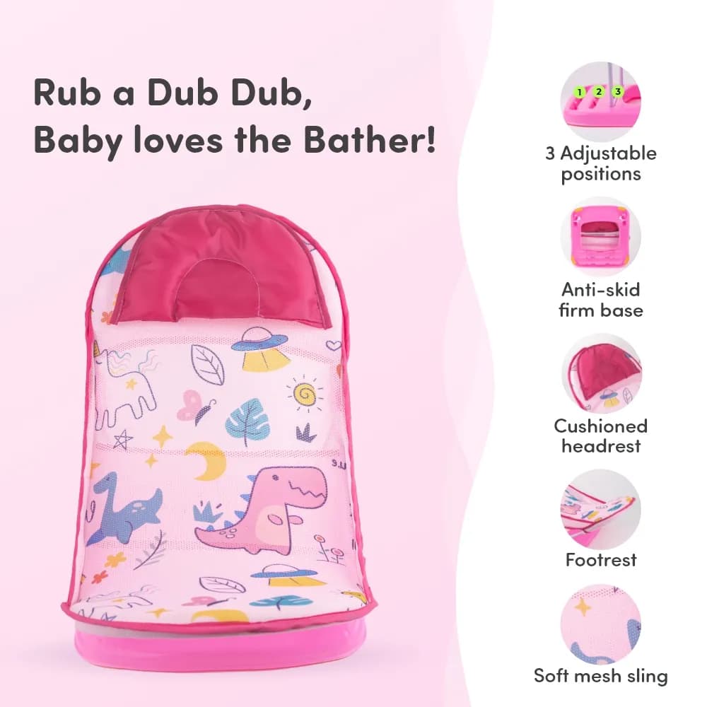 Bath Seat | Baby Bath Chair with 3 Adjustable Positions | Cushioned Headrest & Footrest | Easy to Fold with Washable Soft Mesh | 0-18 Months - Pink Unicorn