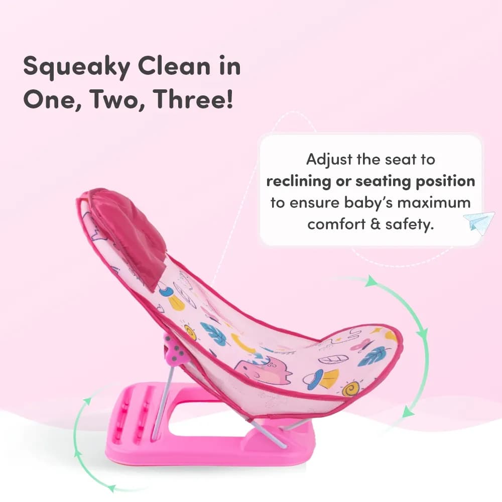 Bath Seat | Baby Bath Chair with 3 Adjustable Positions | Cushioned Headrest & Footrest | Easy to Fold with Washable Soft Mesh | 0-18 Months - Pink Unicorn