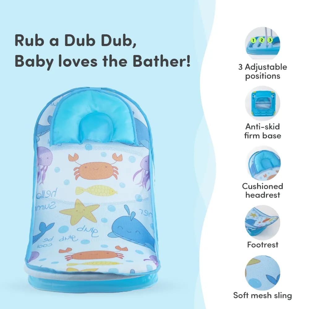 Bath Seat | Baby Bath Chair with 3 Adjustable Positions | Cushioned Headrest & Footrest | Easy to Fold with Washable Soft Mesh | 0-18 Months - Blue Ocean