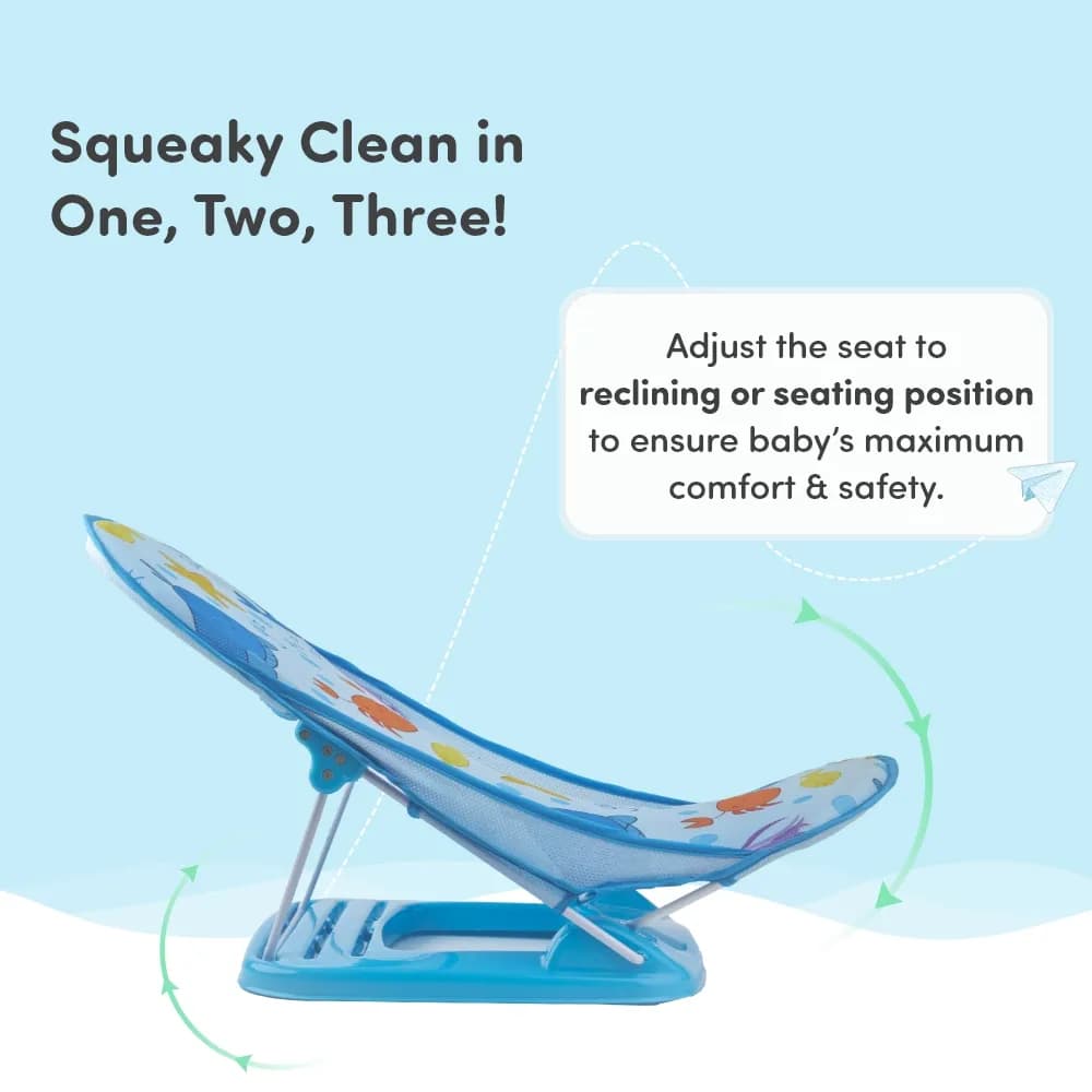Bath Seat | Baby Bath Chair with 3 Adjustable Positions | Cushioned Headrest & Footrest | Easy to Fold with Washable Soft Mesh | 0-18 Months - Blue Ocean