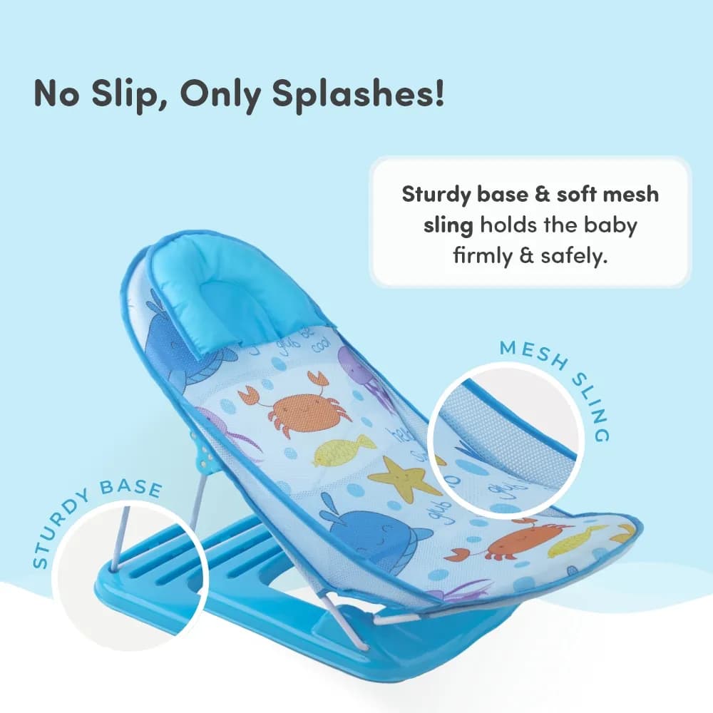 Bath Seat | Baby Bath Chair with 3 Adjustable Positions | Cushioned Headrest & Footrest | Easy to Fold with Washable Soft Mesh | 0-18 Months - Blue Ocean