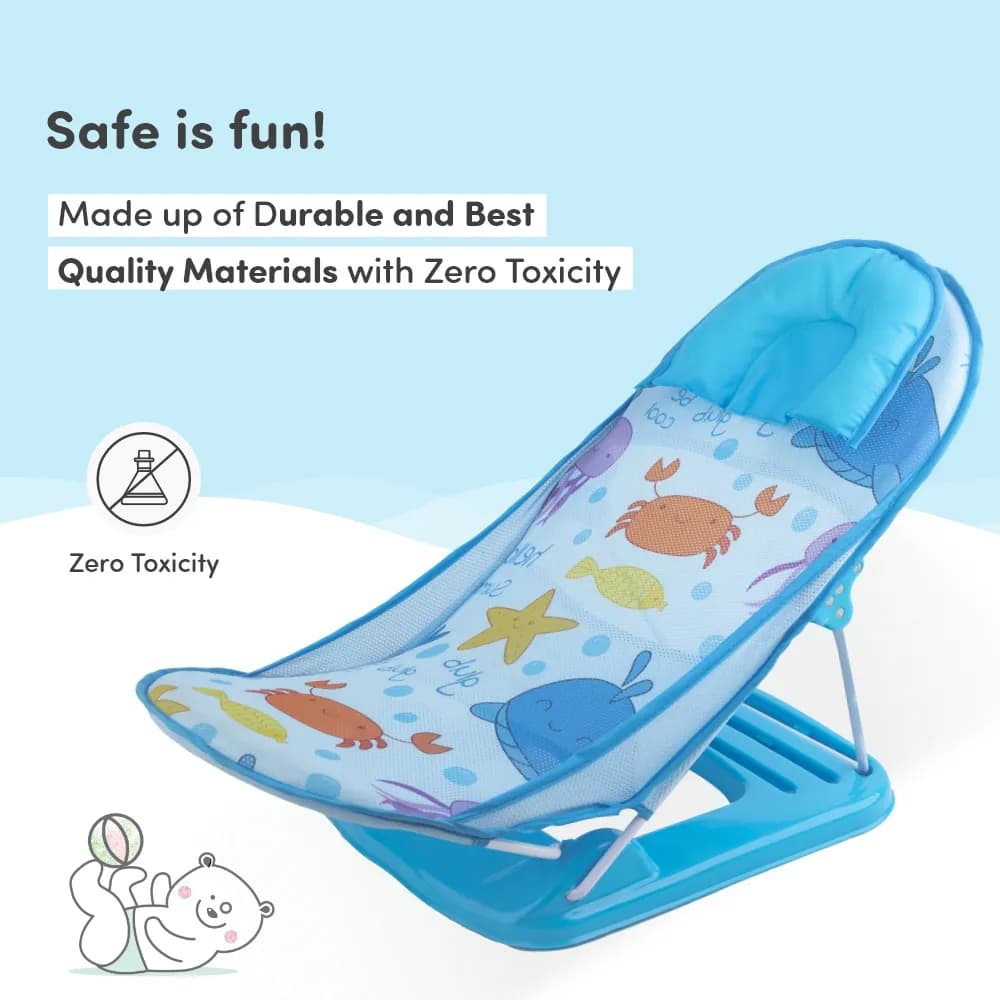 Bath Seat | Baby Bath Chair with 3 Adjustable Positions | Cushioned Headrest & Footrest | Easy to Fold with Washable Soft Mesh | 0-18 Months - Blue Ocean