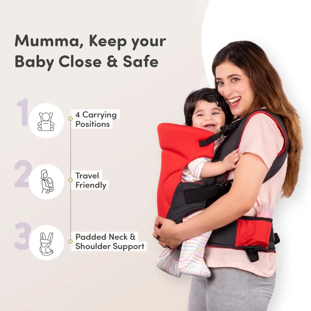 Baby Carrier Bag for 0 to 3 Years with 4 Comfortable Carrying Positions | Lightweight & Travel Friendly | Padded Neck & Shoulder Support - Red & Black