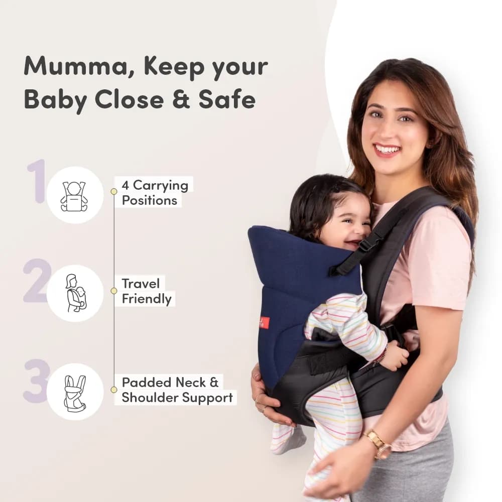 Baby Carrier Bag for 0 to 3 Years with 4 Comfortable Carrying Positions | Lightweight & Travel Friendly | Padded Neck & Shoulder Support - Blue & Black