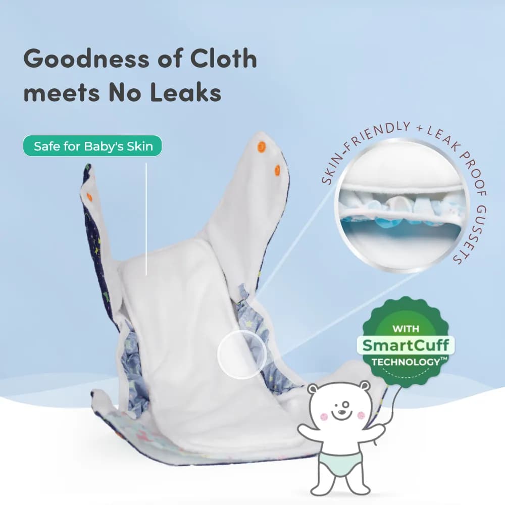Adjustable Washable & Reusable Cloth Diaper With Dry Feel, Absorbent Insert Pad (3M-3Y) | Oeko-Tex Certified | Prevents Rashes - Assorted Colors - Pack of 4