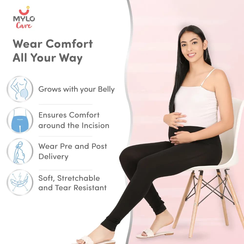 Stretchable Maternity Leggings for Women | Comfortable, Soft & Gentle on the Skin | Ideal for Pre & Post Delivery - Black - M