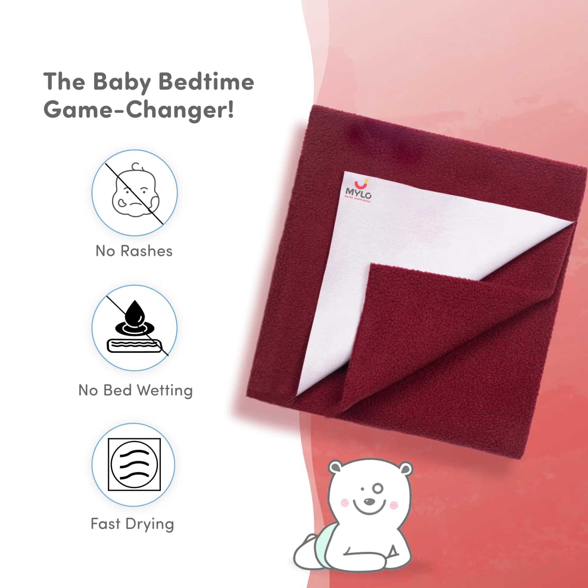 Waterproof Extra Absorbent Baby Dry Sheet & Bed Protector | Guards Against Spills, Stains & Nappy Leaks | Foldable & Portable - Maroon - M
