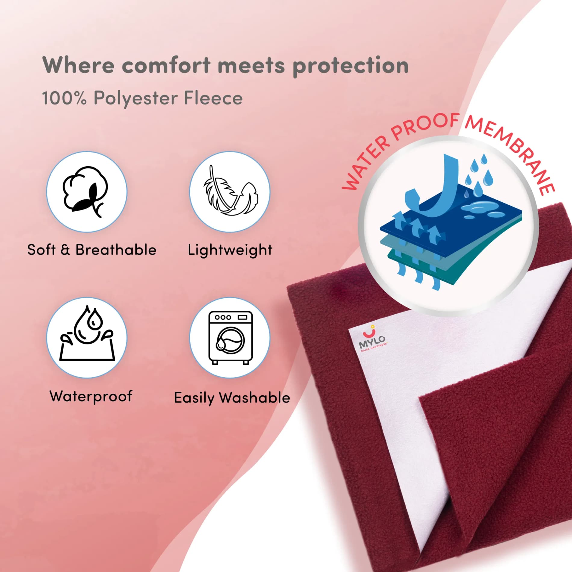 Waterproof Extra Absorbent Baby Dry Sheet & Bed Protector | Guards Against Spills, Stains & Nappy Leaks | Foldable & Portable - Maroon - M