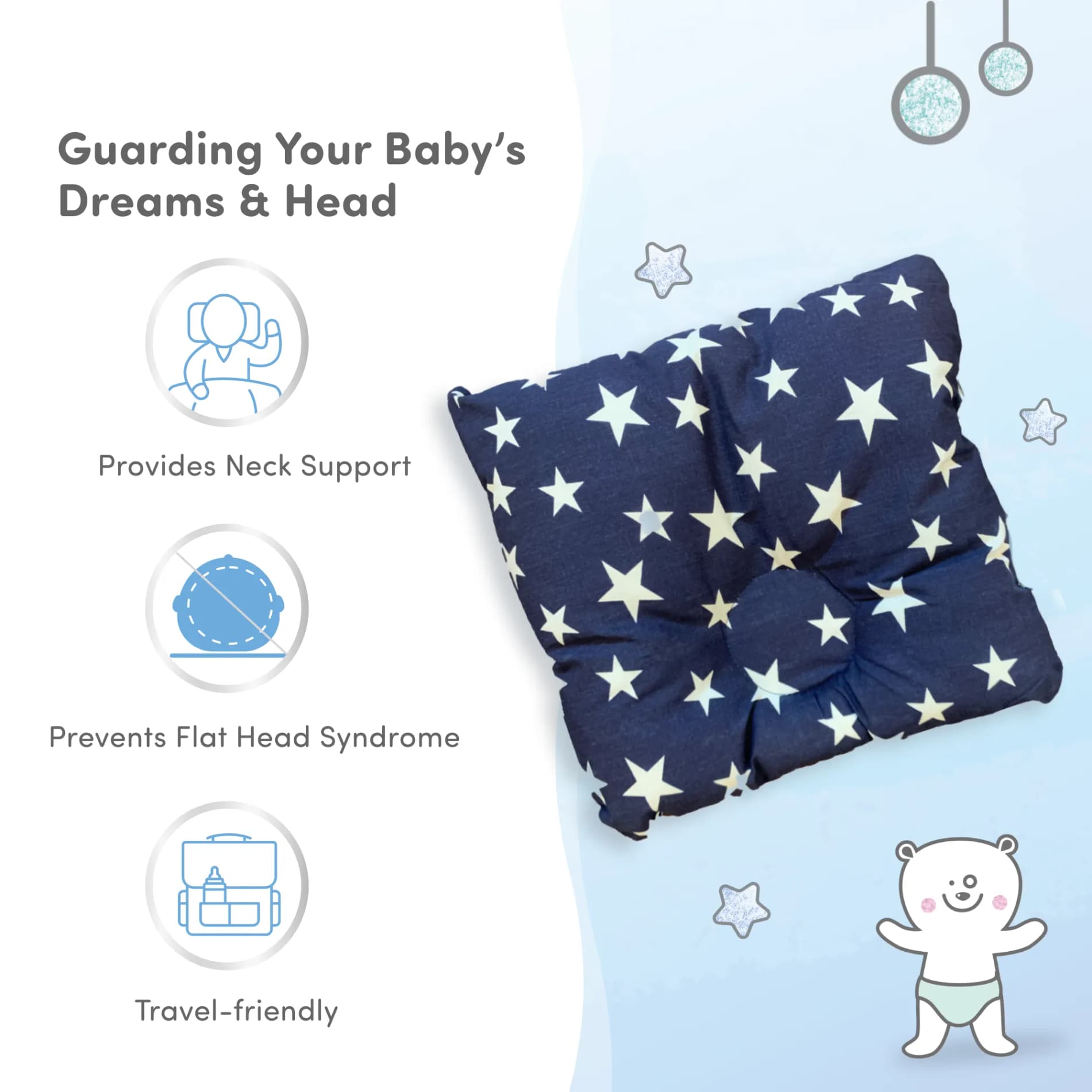 Premium Head Shaping Baby Pillow | Provides Neck Support | Prevents Flat Head Syndrome | Portable & Lightweight | 0-36 Months | Starry Night