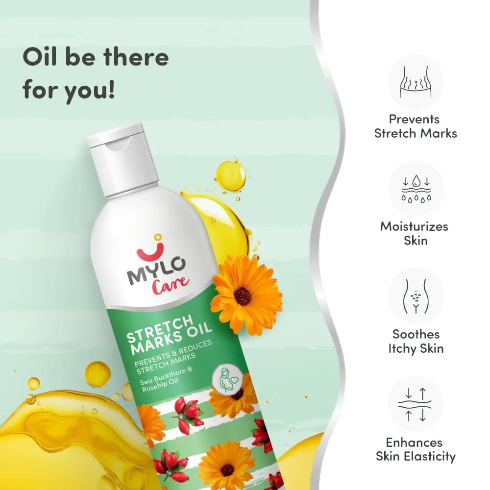 Stretch Marks Oil With Sea Buckthorn, Rosehip, Argan & Coconut Oil | Scars & Stretch Mark Lightening | Natural Skin Care Solution for Pregnant Women - 100ml