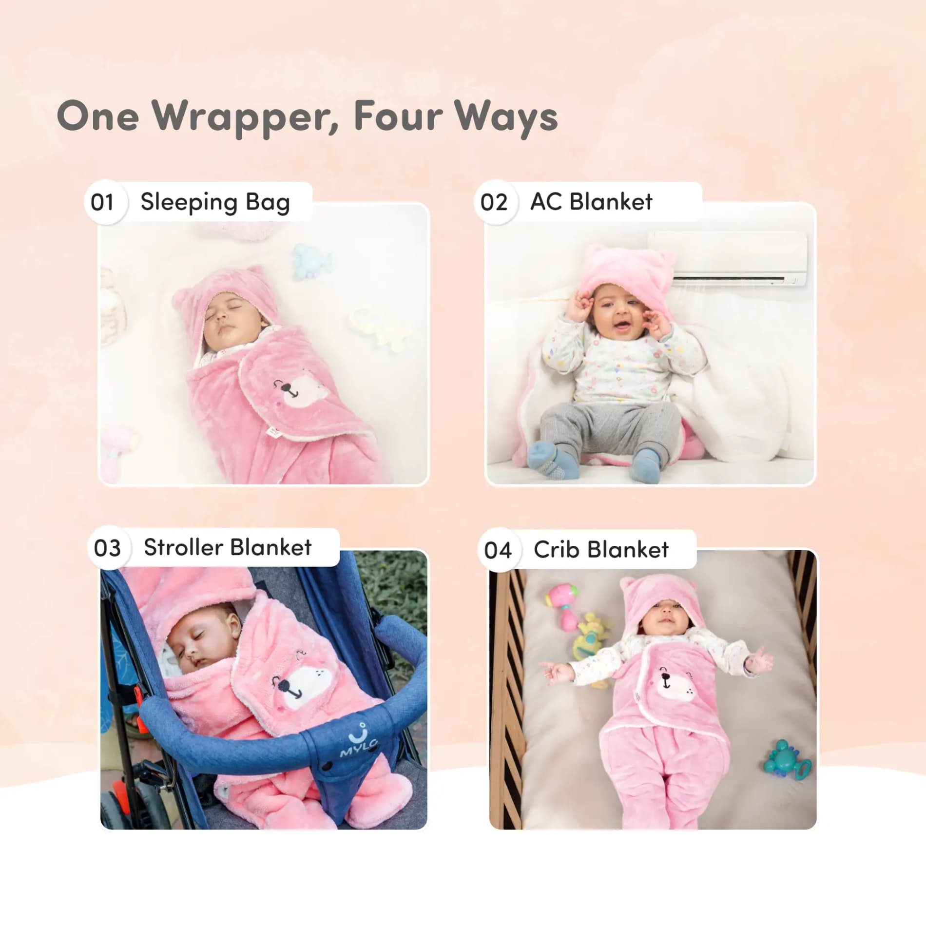 Mylo Baby Wrapper for New Born | Baby Swaddling Wrapper | 4-in-1 All Season AC Blanket cum Sleeping Bag for Baby 0-6 Months - Mint Green & Light Brown