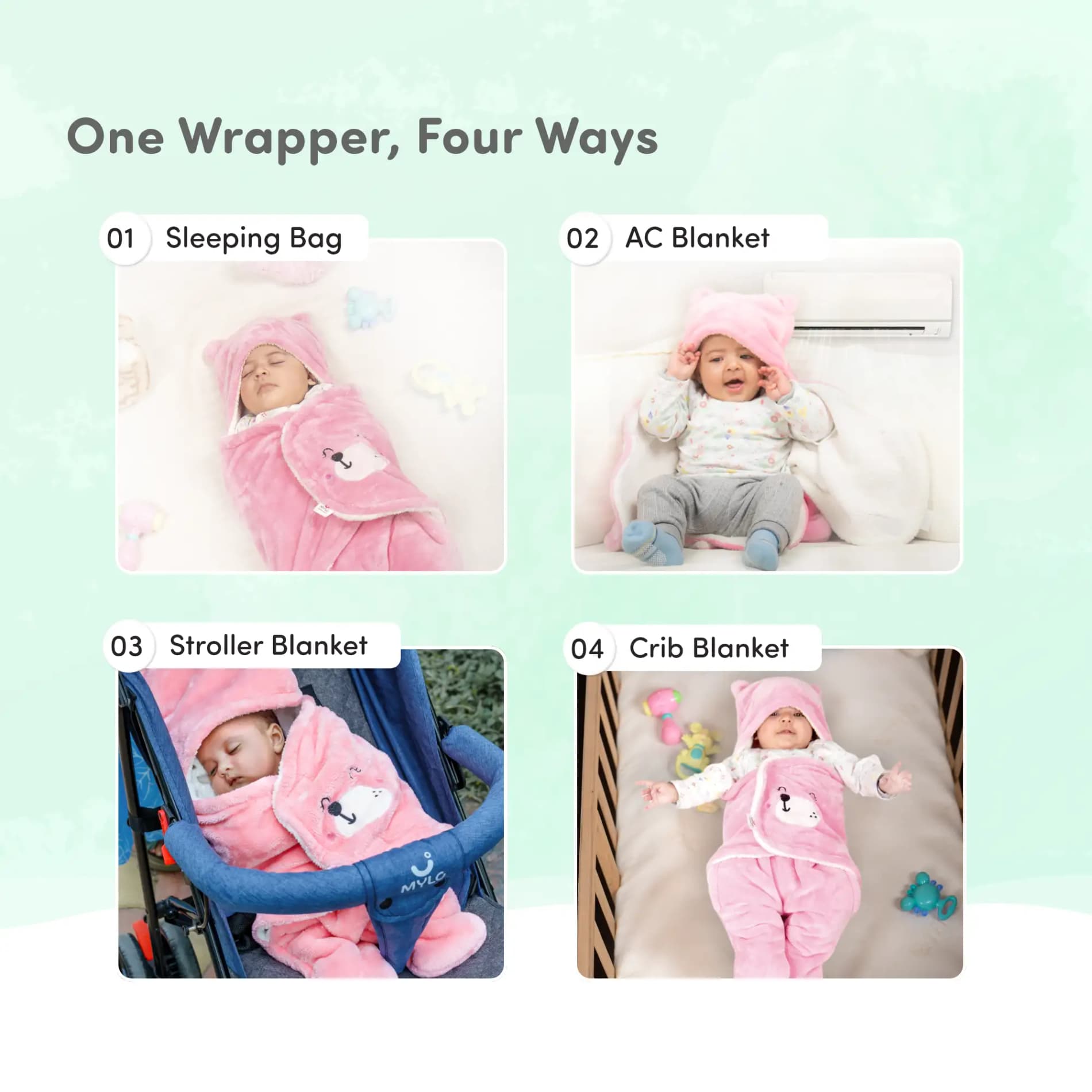 Baby Wrapper for New Born | Baby Swaddling Wrapper | 4-in-1 All Season AC Blanket cum Sleeping Bag for Baby 0-6 Months - Light Pink & Mint Green