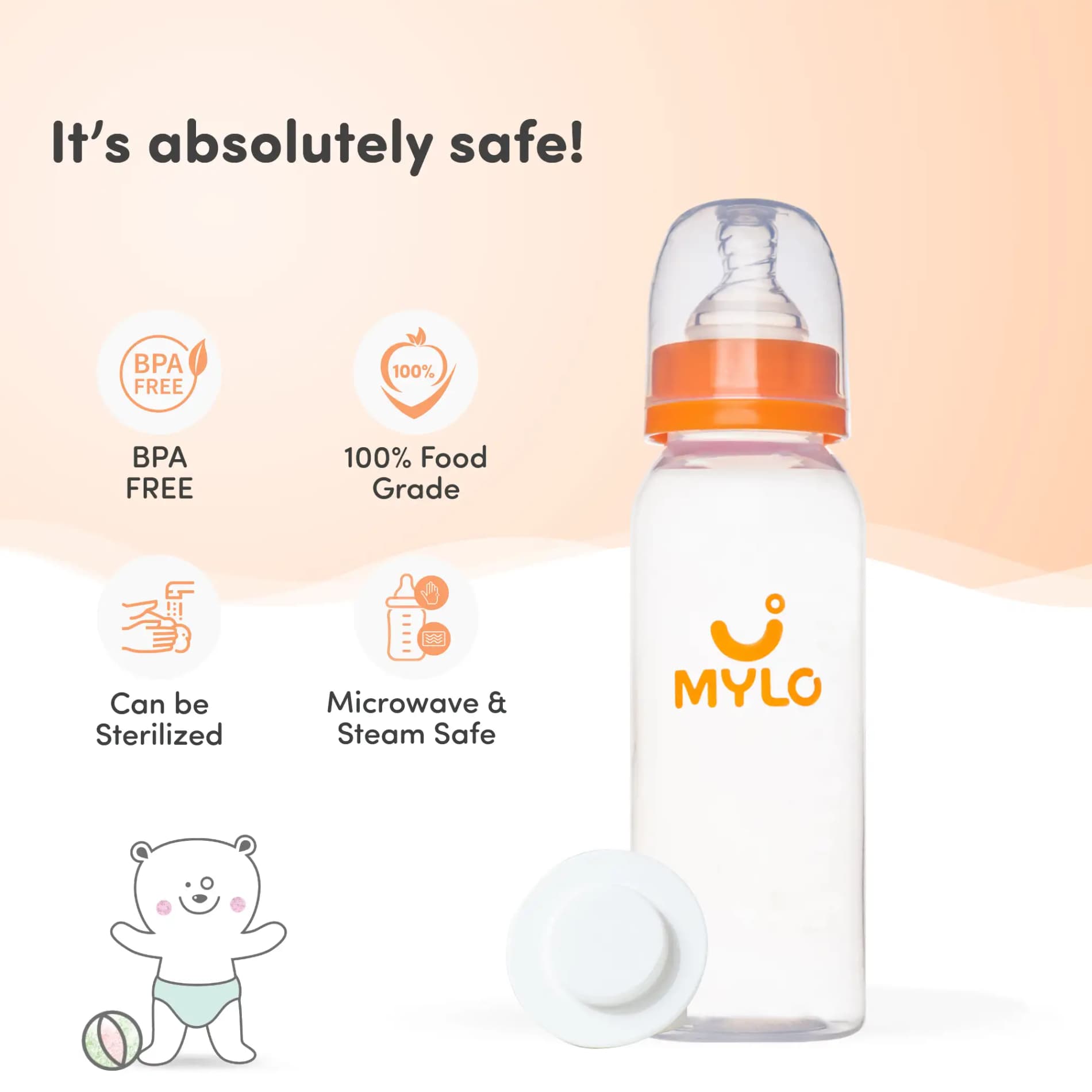 Baby Feeding Sipper Bottle | BPA Free with Anti-Colic Nipple | Feels Natural Baby Bottle | Easy Flow Neck Design - Orange 250ml