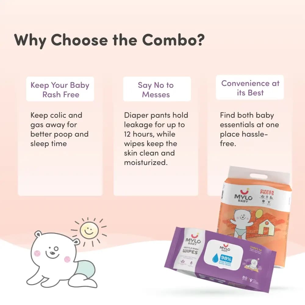 Monthly Diapering Super Saver Combo - Baby Diaper Pants Extra Large (XL) - (56 count) + Baby Wipes (Pack of 2)