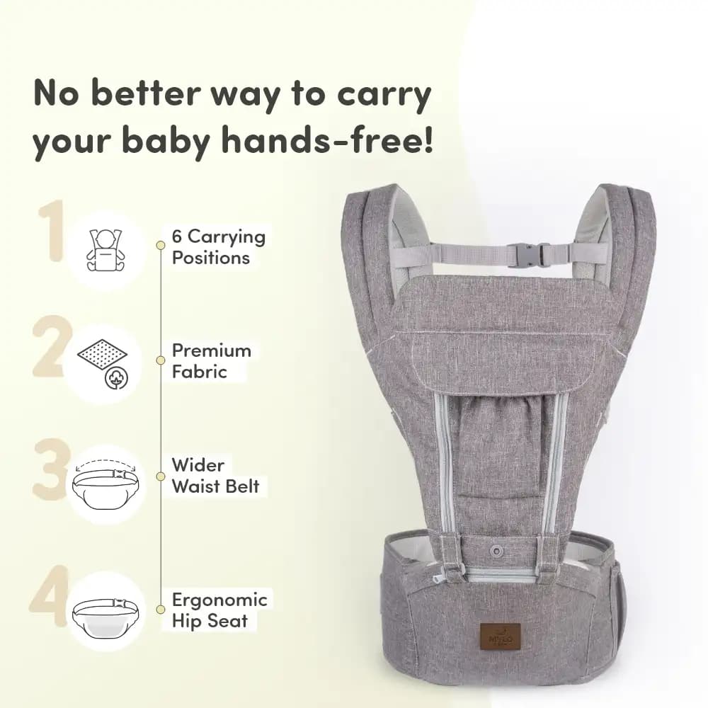 Riviera Premium Baby Carrier Bag for 0 to 3 Year Baby with 6 Comfortable Carrying Positions | Premium Fabric | Wider Waist Belt | Ergonomic Hip Seat - Grey