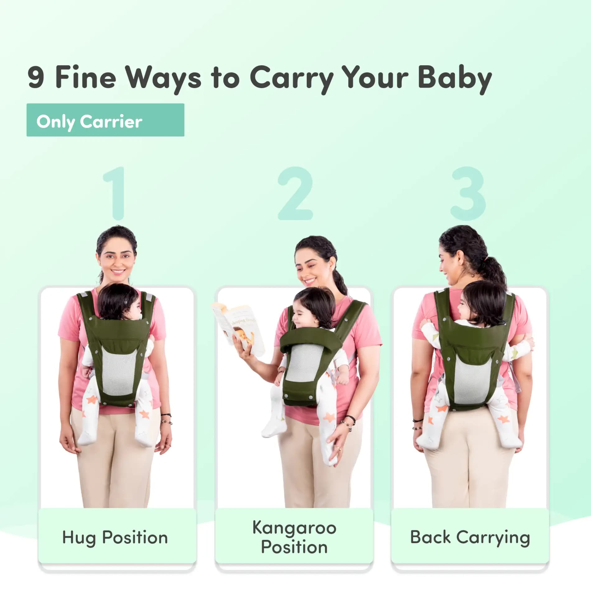 Vista Baby Carrier Bag for 0 to 3 Year Baby with 9 Comfortable Carrying Positions | Wider Waist Belt | Ergonomic Hip Seat | Safety Strap Buckle - Green