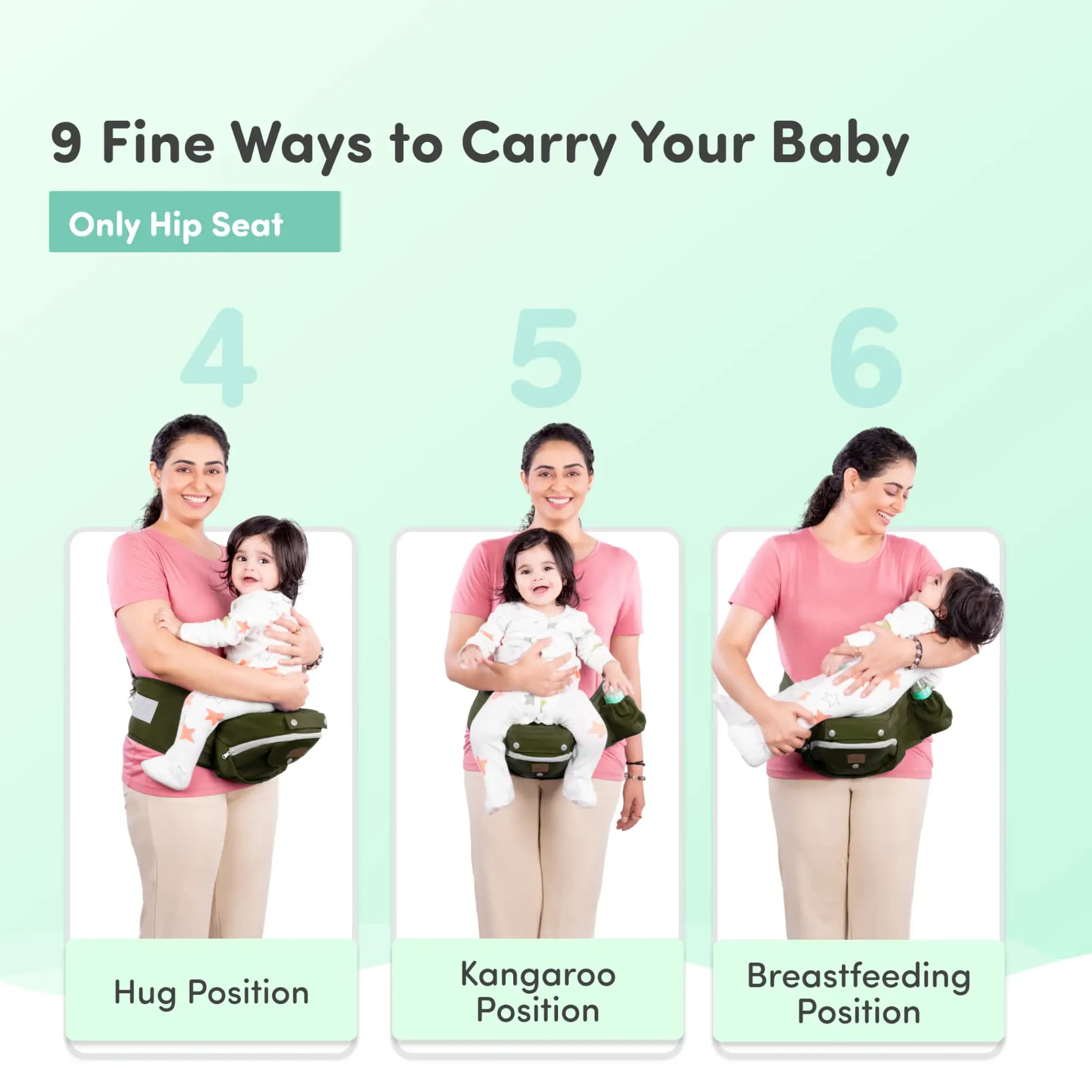 Vista Baby Carrier Bag for 0 to 3 Year Baby with 9 Comfortable Carrying Positions | Wider Waist Belt | Ergonomic Hip Seat | Safety Strap Buckle - Green