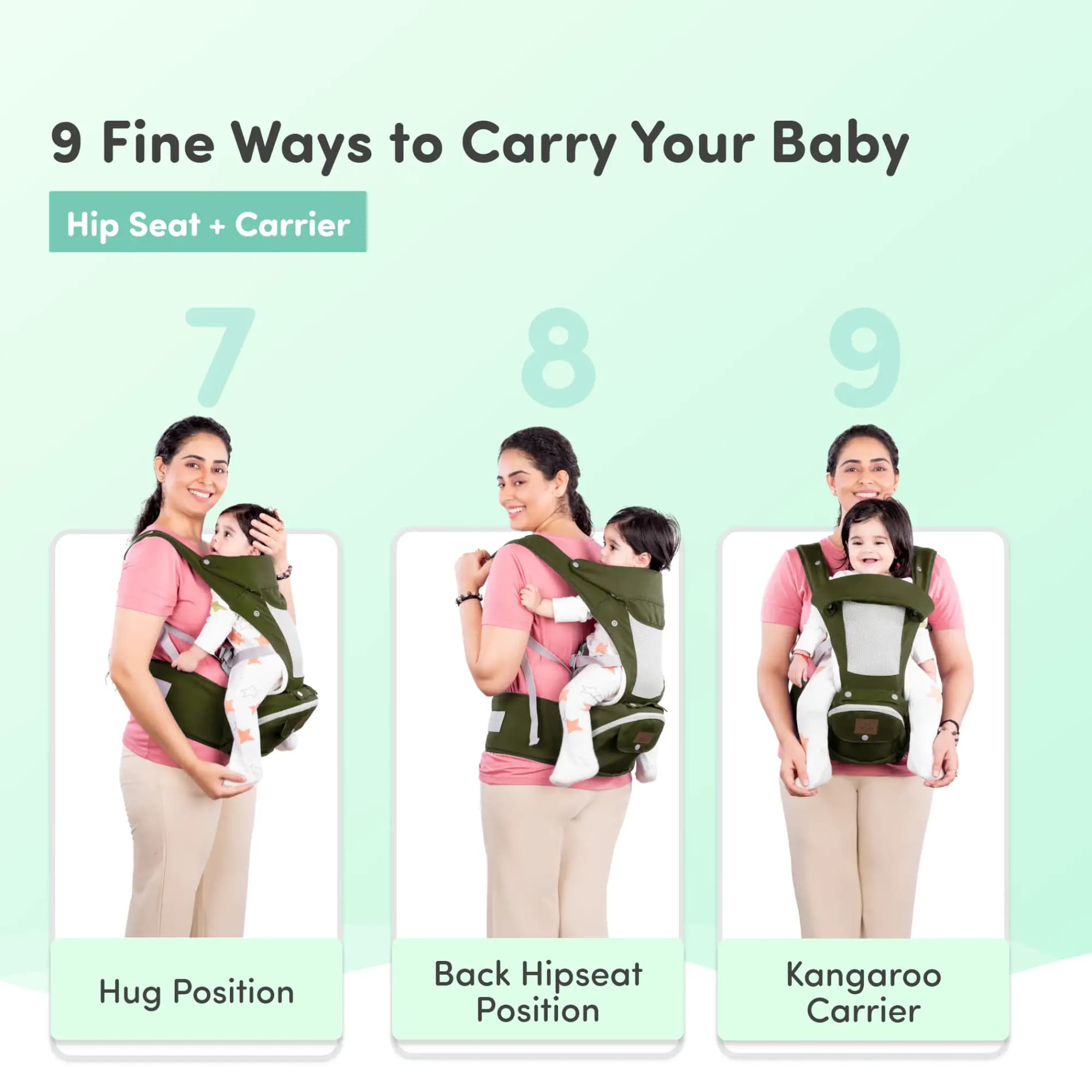 Vista Baby Carrier Bag for 0 to 3 Year Baby with 9 Comfortable Carrying Positions | Wider Waist Belt | Ergonomic Hip Seat | Safety Strap Buckle - Green