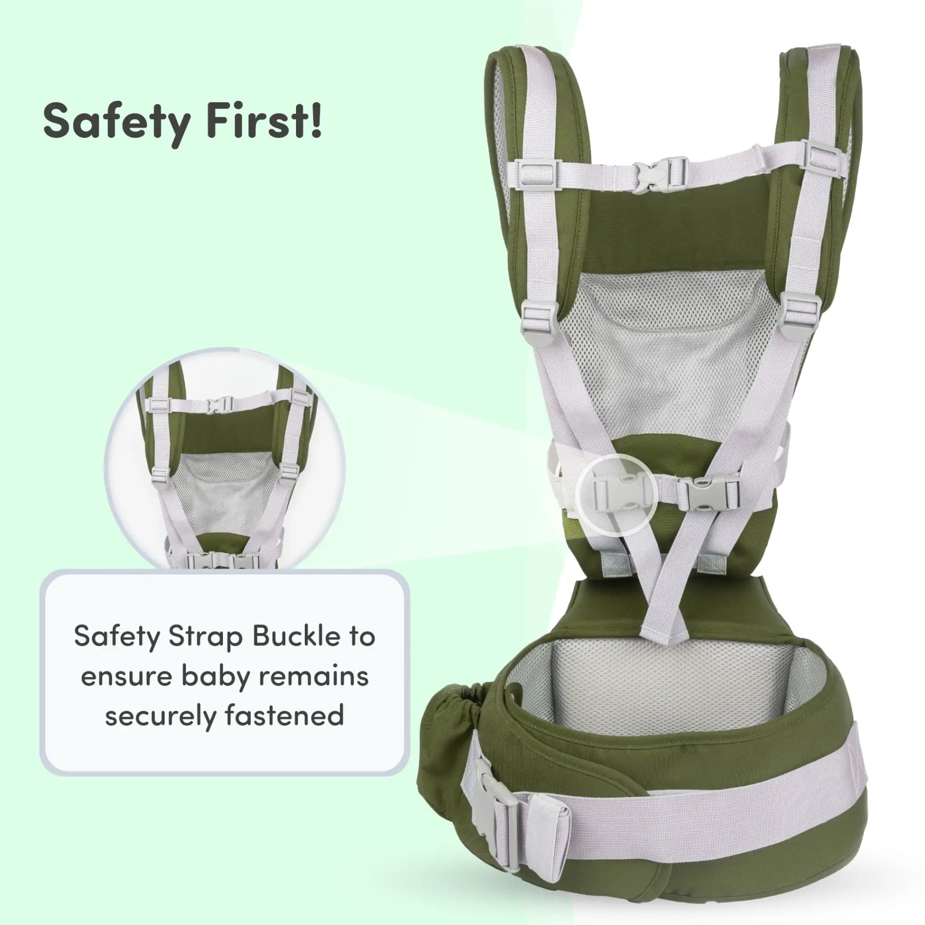 Vista Baby Carrier Bag for 0 to 3 Year Baby with 9 Comfortable Carrying Positions | Wider Waist Belt | Ergonomic Hip Seat | Safety Strap Buckle - Green