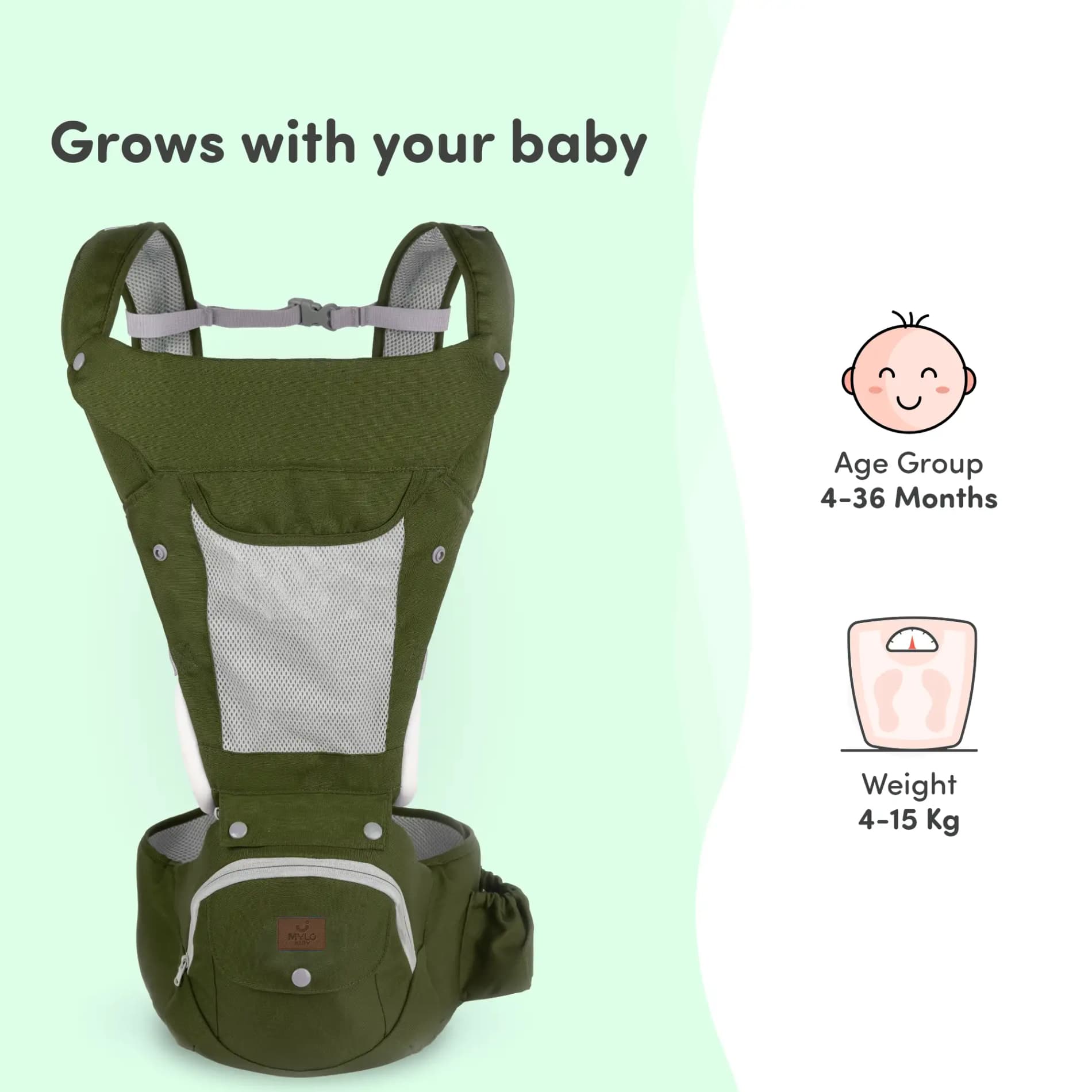 Vista Baby Carrier Bag for 0 to 3 Year Baby with 9 Comfortable Carrying Positions | Wider Waist Belt | Ergonomic Hip Seat | Safety Strap Buckle - Green