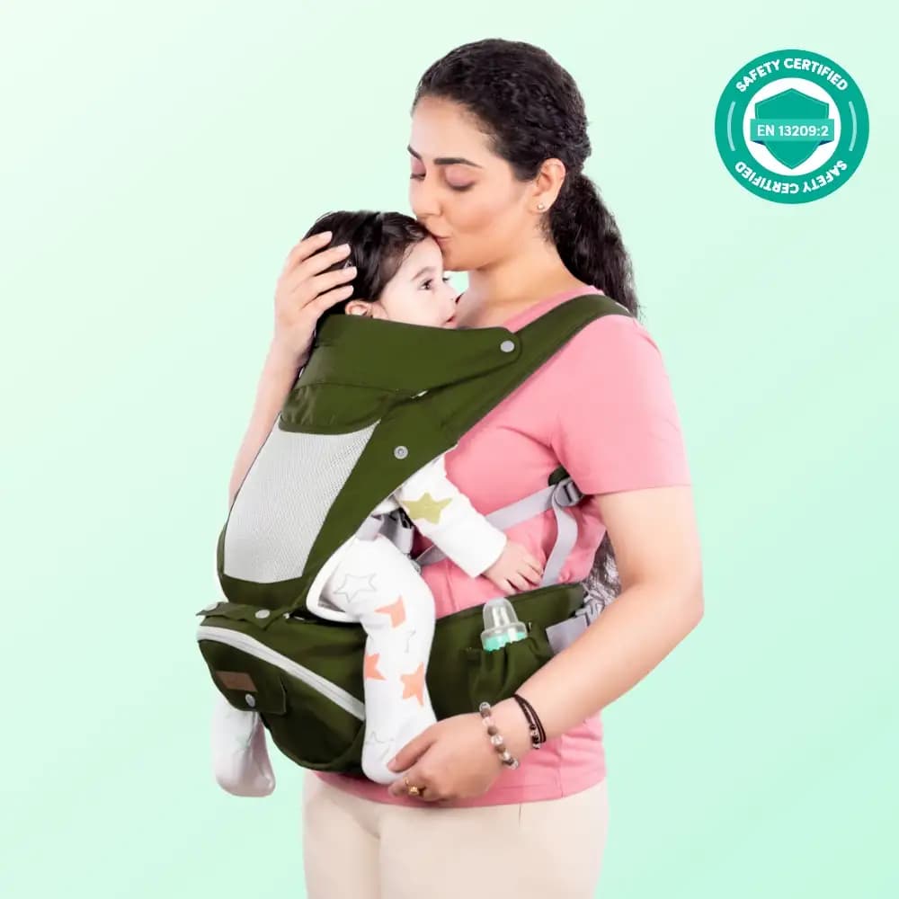 Vista Baby Carrier Bag for 0 to 3 Year Baby with 9 Comfortable Carrying Positions | Wider Waist Belt | Ergonomic Hip Seat | Safety Strap Buckle - Green