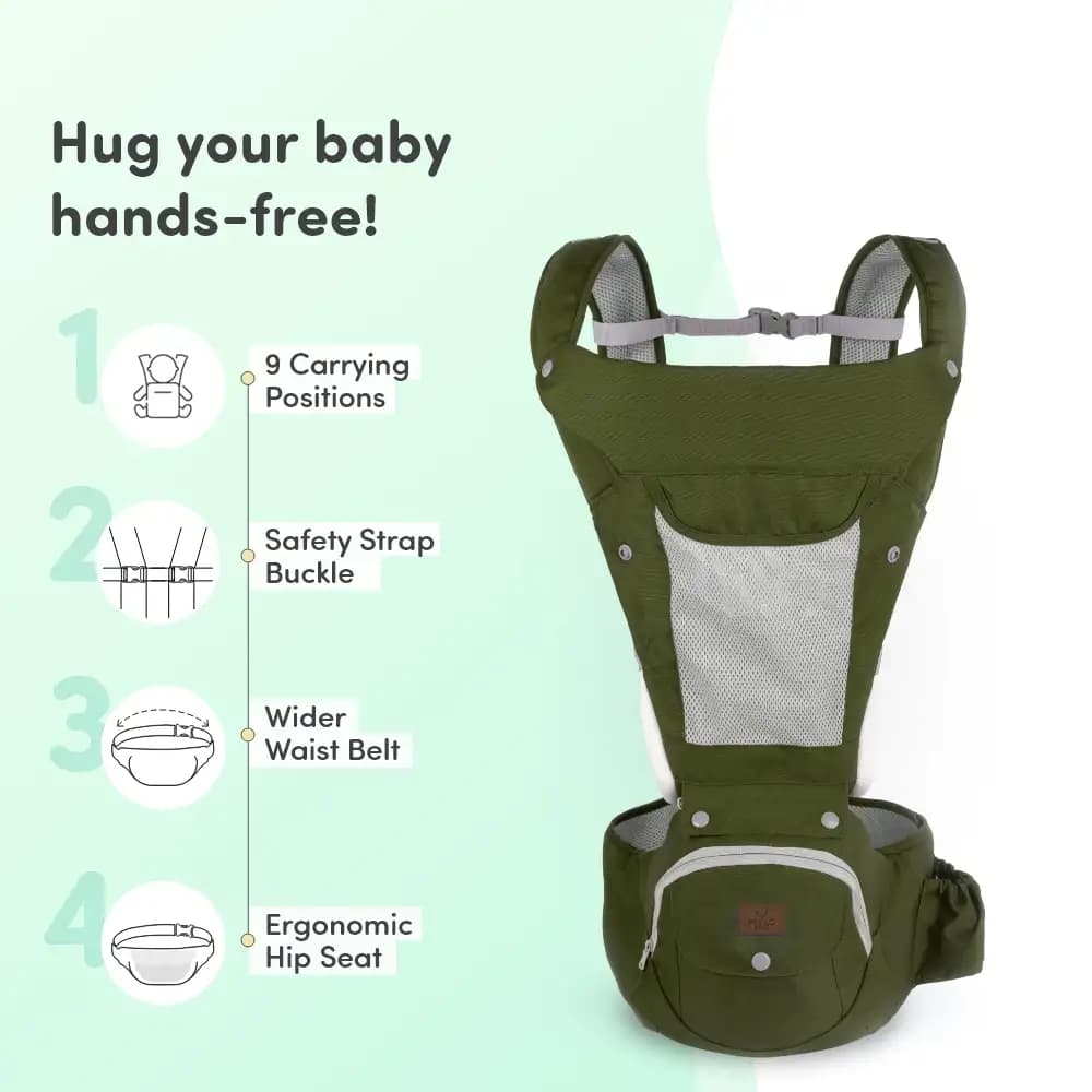 Vista Baby Carrier Bag for 0 to 3 Year Baby with 9 Comfortable Carrying Positions | Wider Waist Belt | Ergonomic Hip Seat | Safety Strap Buckle - Green