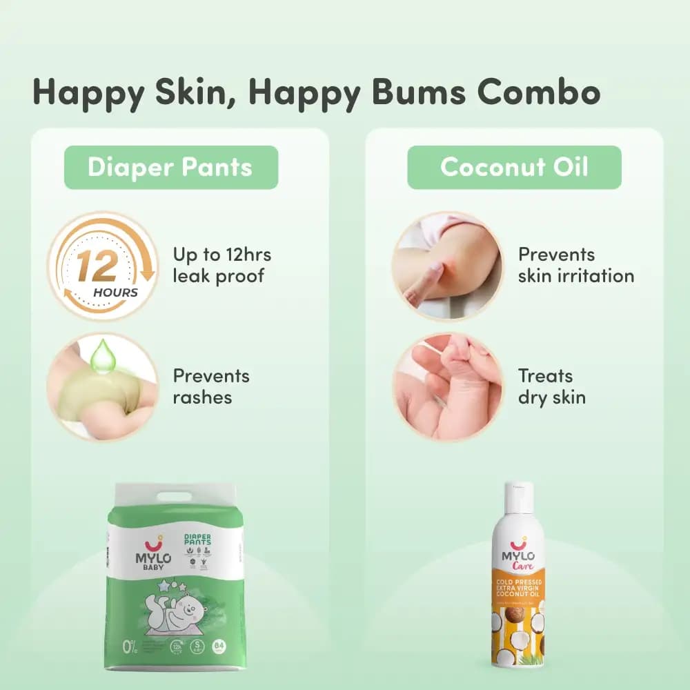 Super Saver Combo - Baby Diaper Pants Small (S) 8-4 kgs (84 count) Leak Proof+ Extra Virgin Coconut Oil (200ml)