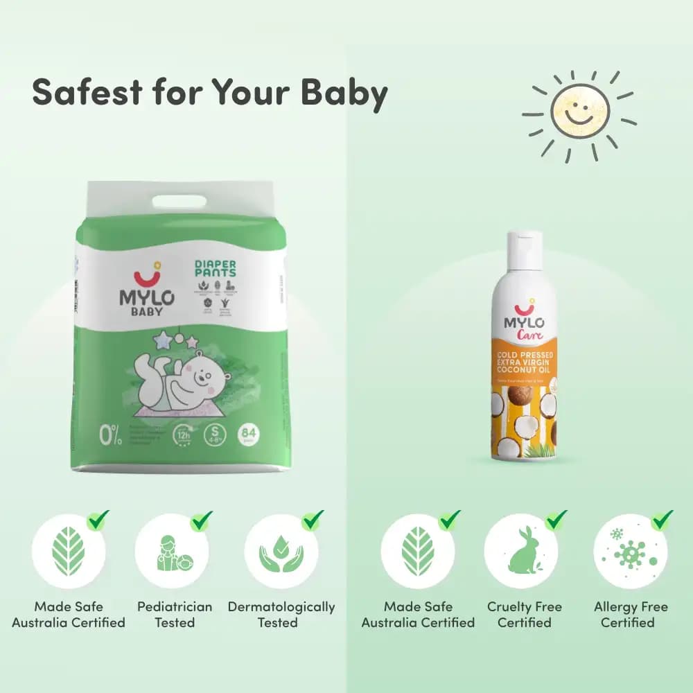 Super Saver Combo - Baby Diaper Pants Small (S) 8-4 kgs (84 count) Leak Proof+ Extra Virgin Coconut Oil (200ml)