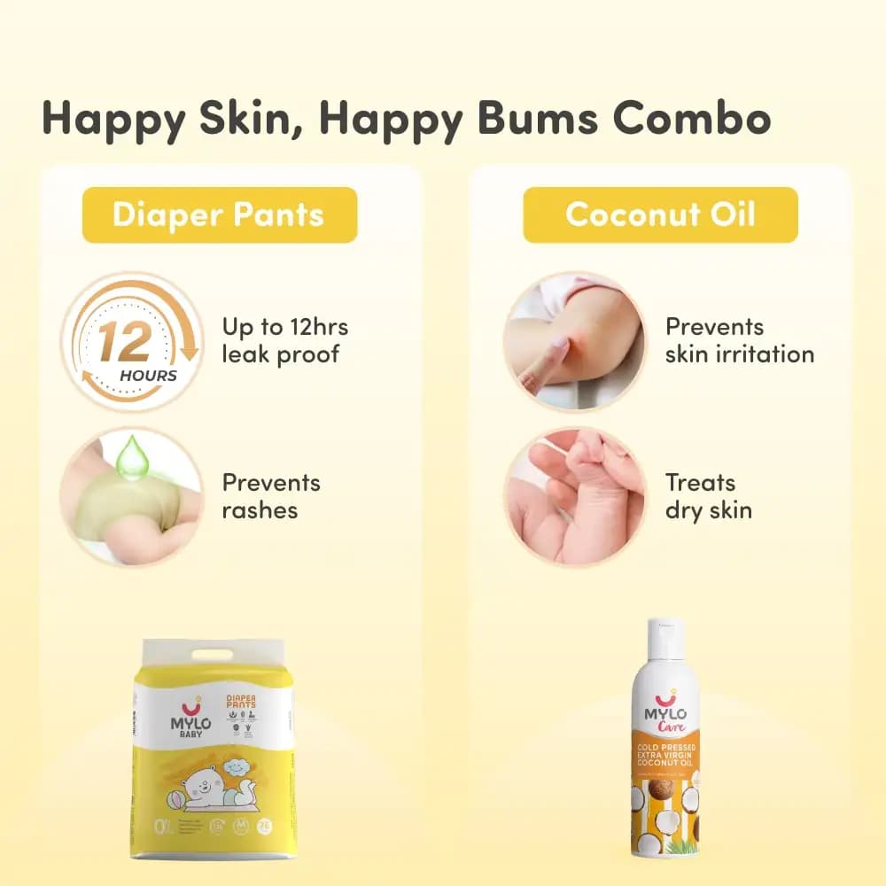 Baby Diaper Pants Medium (M) 7-8 kgs - (76 count) Leak Proof + Extra Virgin Coconut Oil (200ml)