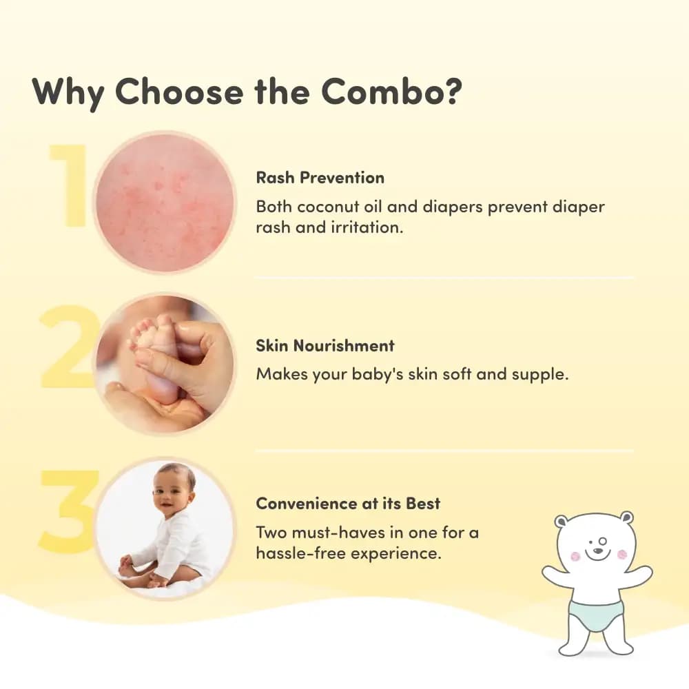 Baby Diaper Pants Medium (M) 7-8 kgs - (76 count) Leak Proof + Extra Virgin Coconut Oil (200ml)